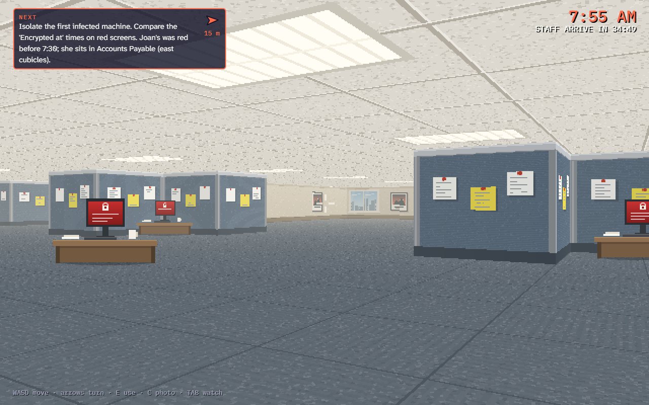 Lights Out in first person: the open-plan floor at 7:55 AM, three monitors showing red ransom notes